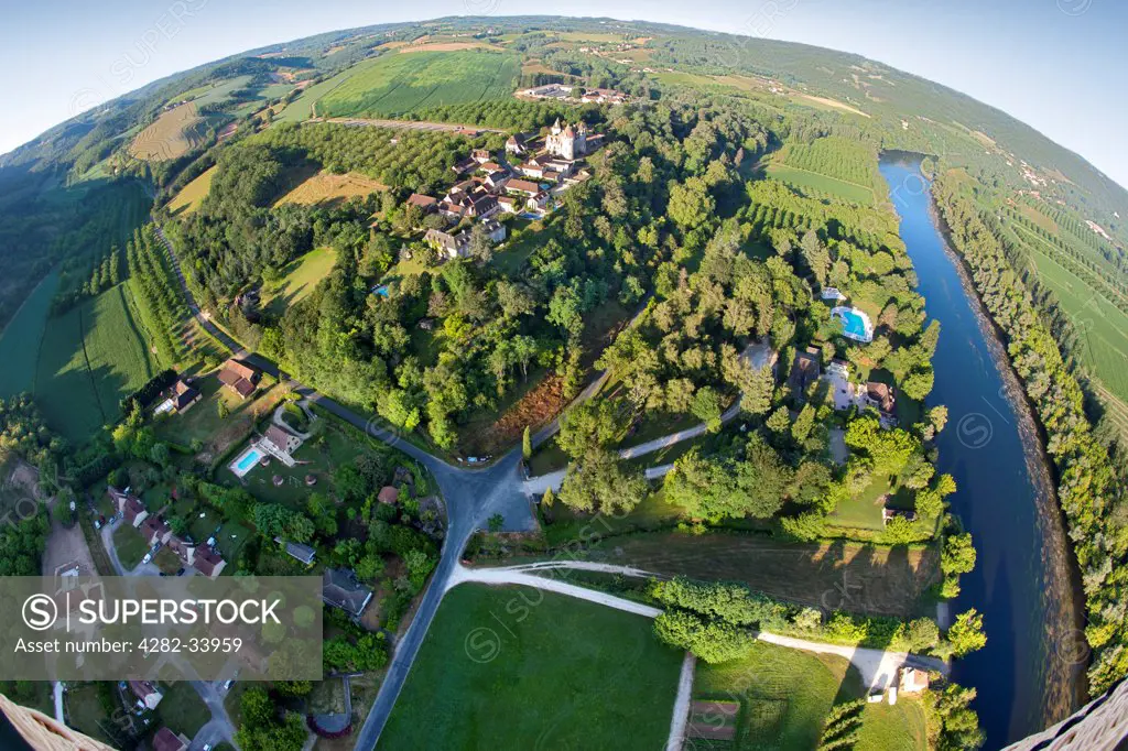 France, Dordogne, Sarlat. An aerial view over the Dordogne River and surrounding countryside.