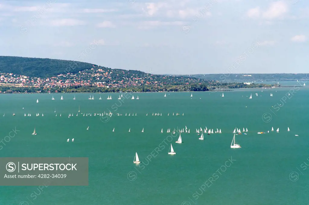 Hungary, Veszprem, Tihany. A view from Tihany of sailing boats on Lake Balaton.
