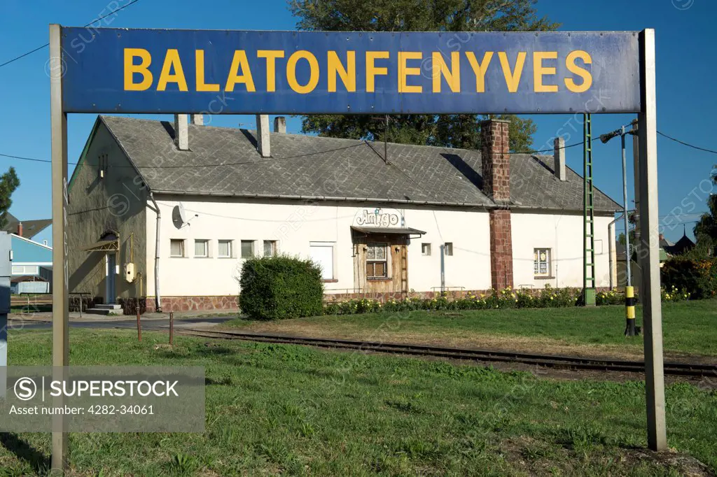 Hungary, Somogy, Balatonfenyves. A sign for Balatonfenyves on the south shores of Lake Balaton.