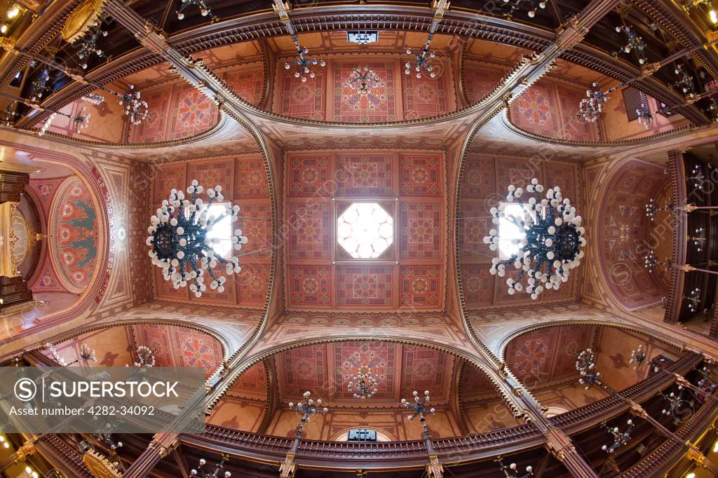 Hungary, Central Hungary, Budapest. The interior and ceiling of the Dohany Street Synagogue in Budapest.