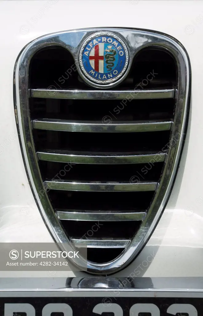 England, Worcestershire, Shelsley Walsh. The badge and grille of a 1960s Alfa Romeo Giulia car.