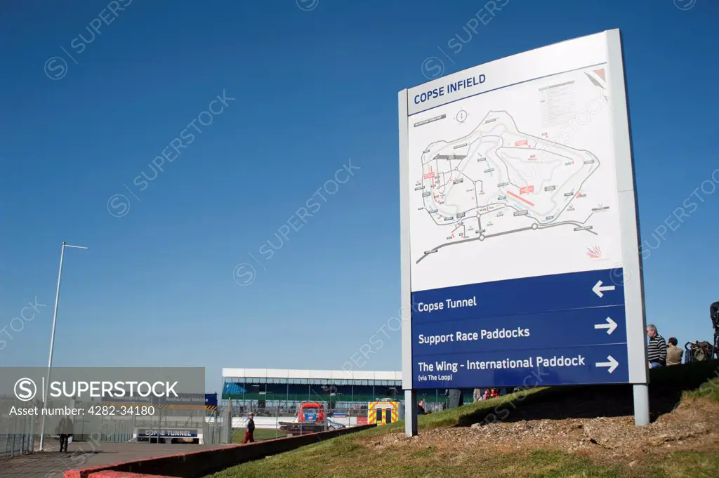 England, Northamptonshire, Silverstone. Signage at the Silverstone circuit.