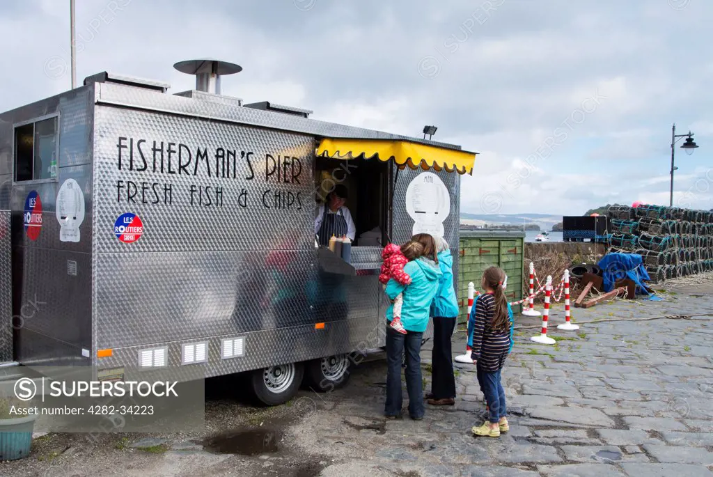 Scotland, Isle of Mull, Tobermory. A mobile fish and chips stall in Tobermory.