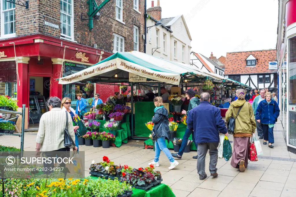 England, North Yorkshire, York. People buying and selling flowers at Newgate Market in York.