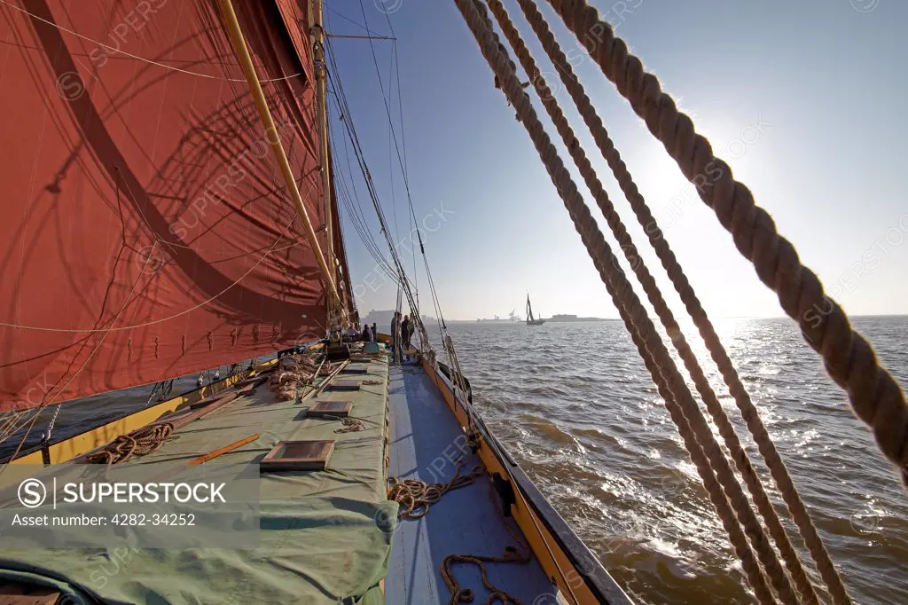 England, Kent, Sheerness. On board Thames sailing barge Edith May  competing in the 2012 Medway Barge Match.