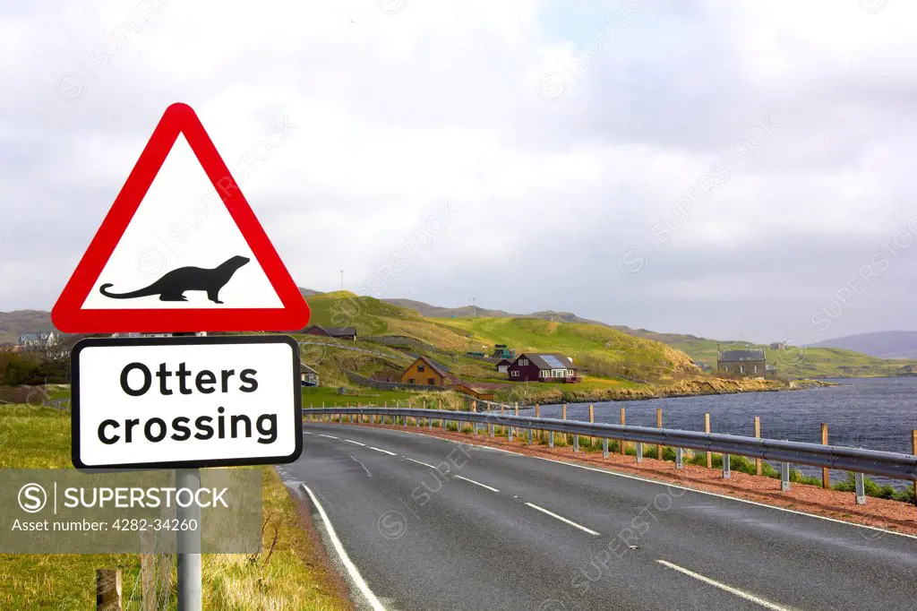 Scotland, Shetland Islands, Lerwick. Road sign at otter crossing point.