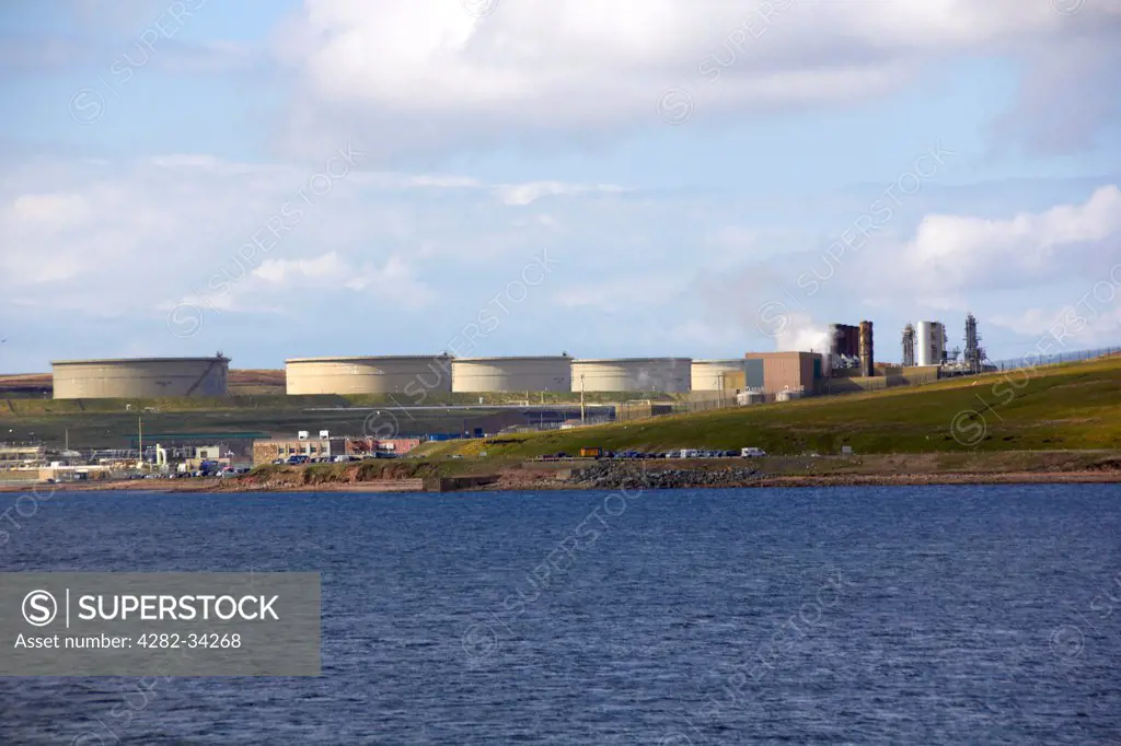 Scotland, Shetland Islands, Sullom Voe. North Sea oil terminal at Sullom Voe.