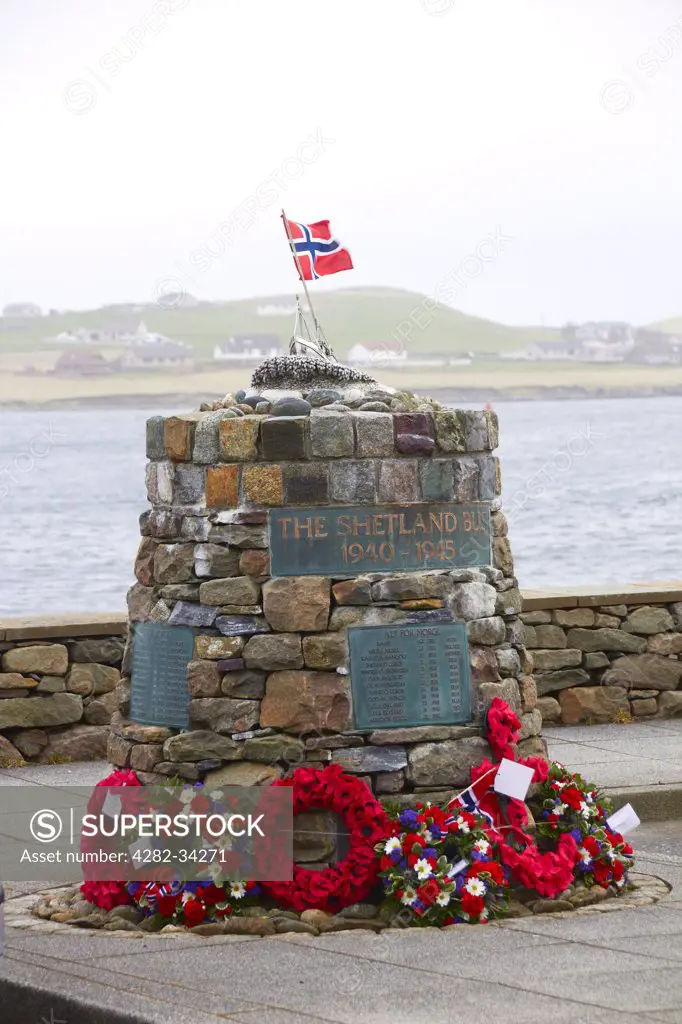 Scotland, Shetland Islands, Scalloway. Memorial to the wartime Shetland Bus operation.