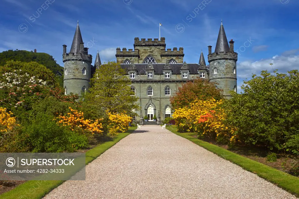 Scotland, Argyll and Bute, Inveraray. A view of Inveraray Castle from the castle grounds.