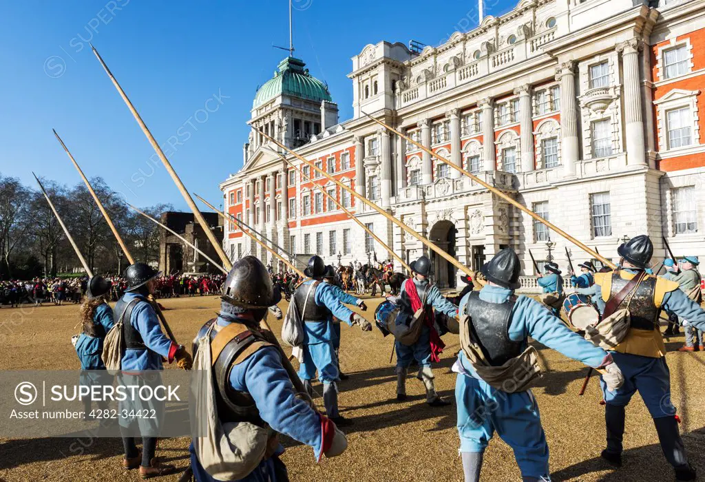 England, London, Horse Guards Parade. English Civil War enthusiasts attend a service to commemorate the execution of King Charles I.