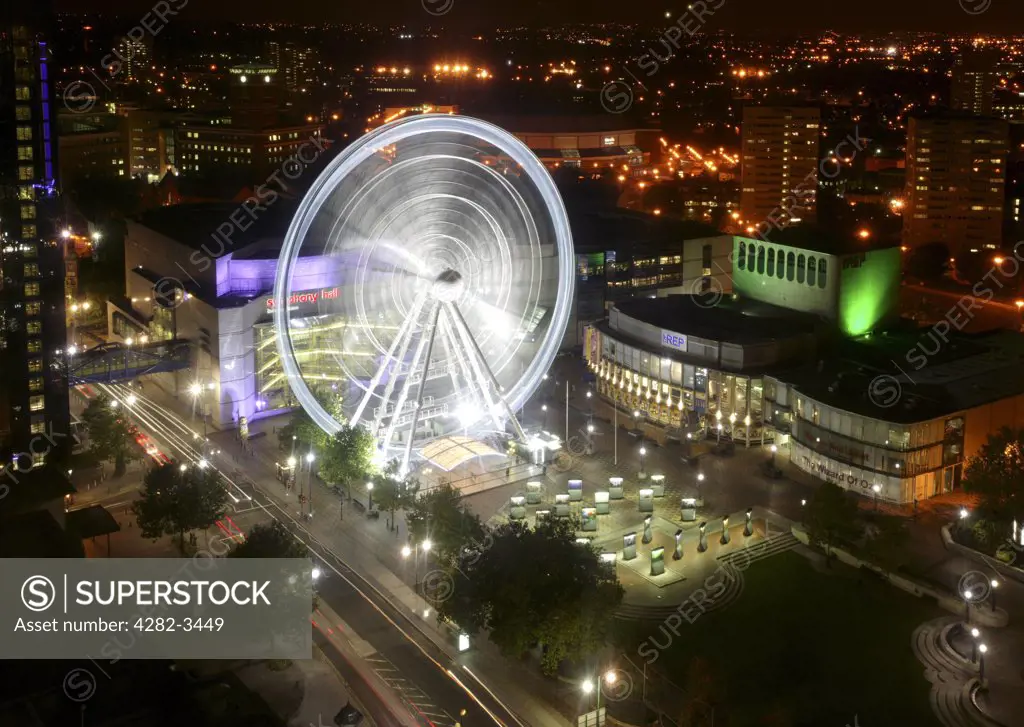 England, West Midlands, Birmingham. Centenary Square showing Birmingham Wheel, REP theatre, ICC and Symphony Hall.
