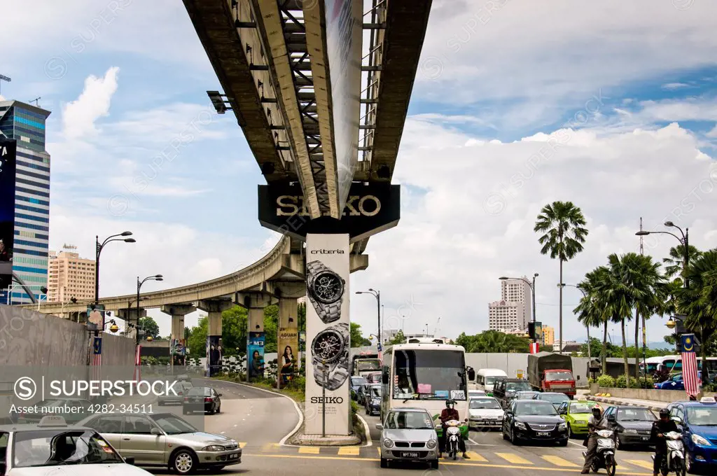 Malaysia, Federal Territory of Kuala Lumpu, Kuala Lumpur. The Skytrain monorail in Kuala Lumpur in Malaysia.