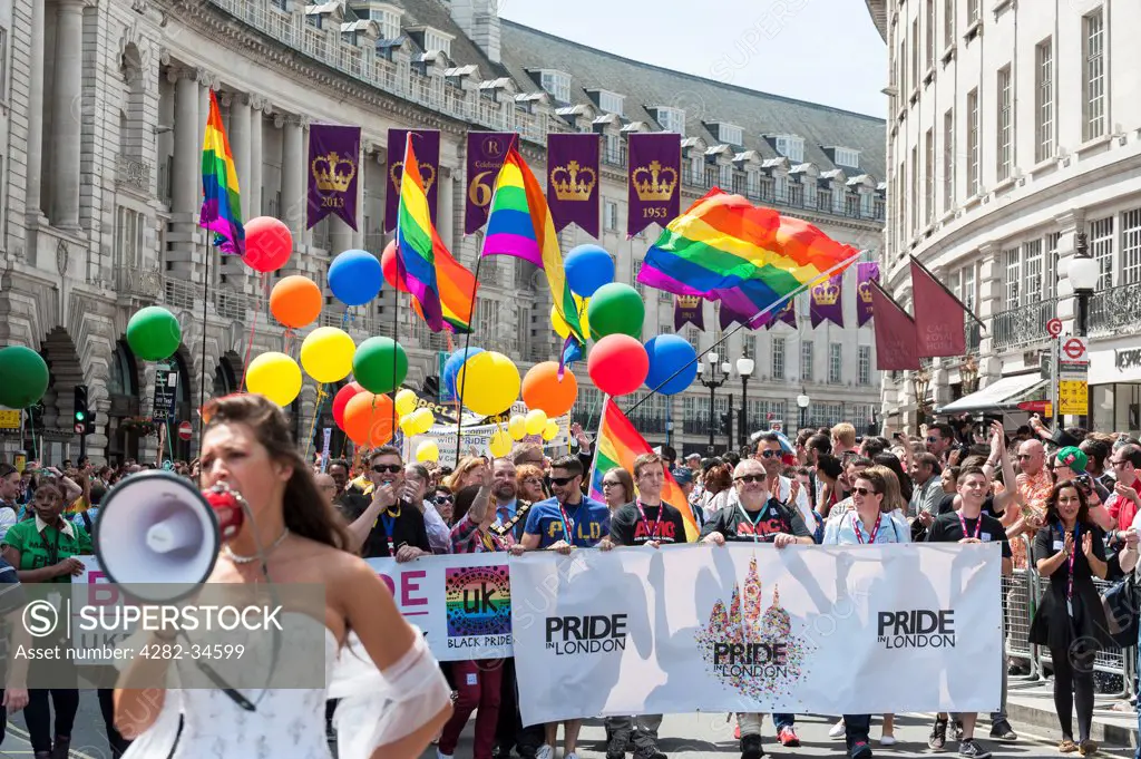 England, London, Regent Street. The London Pride parade on Regent Street.