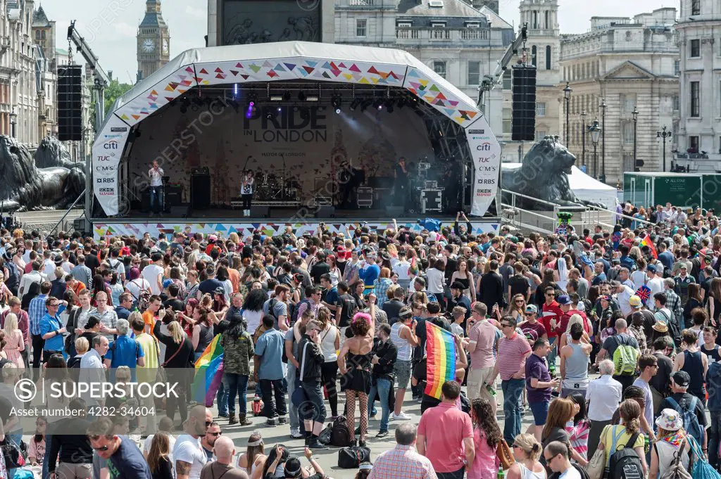 England, London, Regent Street. Crowds gathering in Trafalgar Square to celebrate London Pride.
