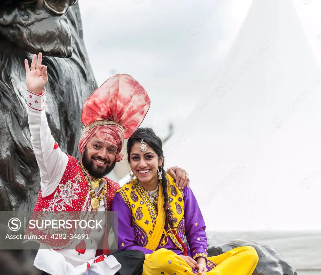 England, London, Trafalgar Square. Traditional Punjabi dancers at the Vaisakhi Festival in Trafalgar Square.