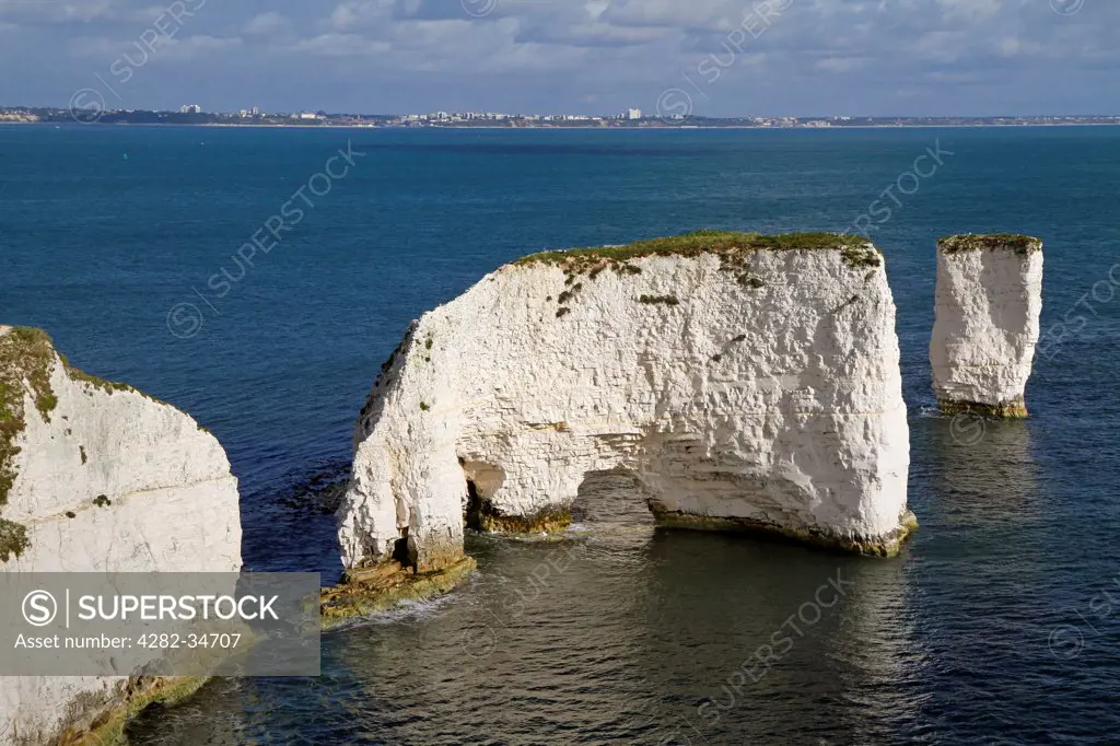 England, Dorset, Studland. Old Harry Rocks which are chalk formations off the coast near Studland.