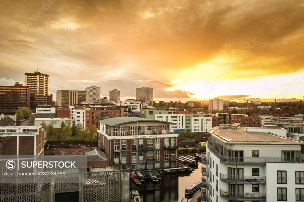 England, West Midlands, Birmingham. View of Birmingham city centre during sunset.