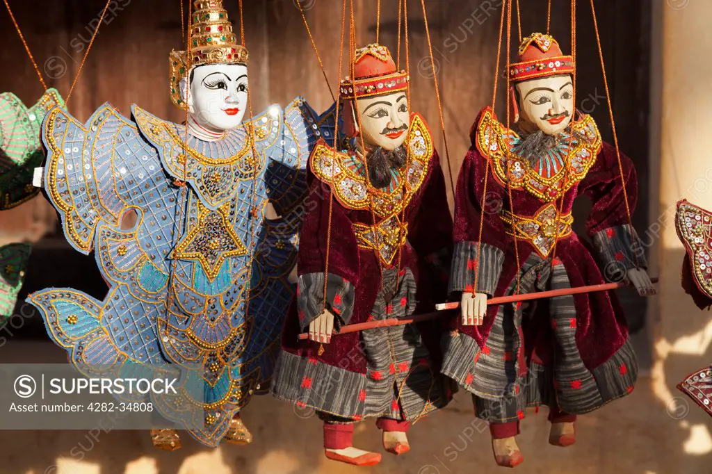 Myanmar, Mandalay, Bagan. Beautiful Burmese marionettes in Bagan.
