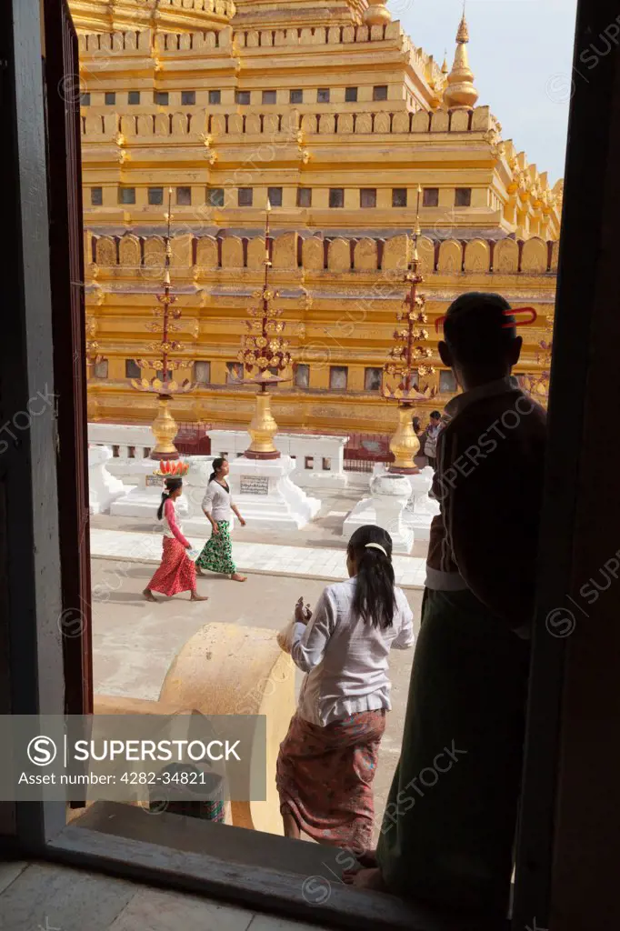 Myanmar, Mandalay, Bagan. Scene through a doorway at Shwezigon Pagoda in Bagan in Myanmar.