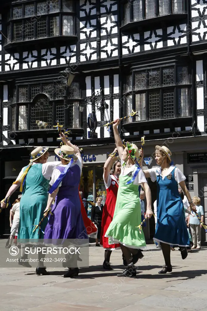 England, Shropshire, Shrewsbury. Morris Dancing in the town square. Morris dancing dates back to 1448.