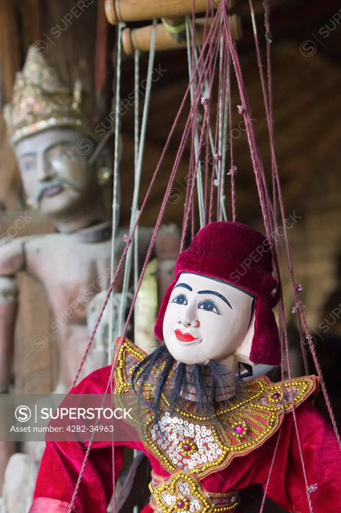 Myanmar, Mandalay, Mandalay. Burmese marionettes in a puppet maker store in Mandalay in Myanmar.