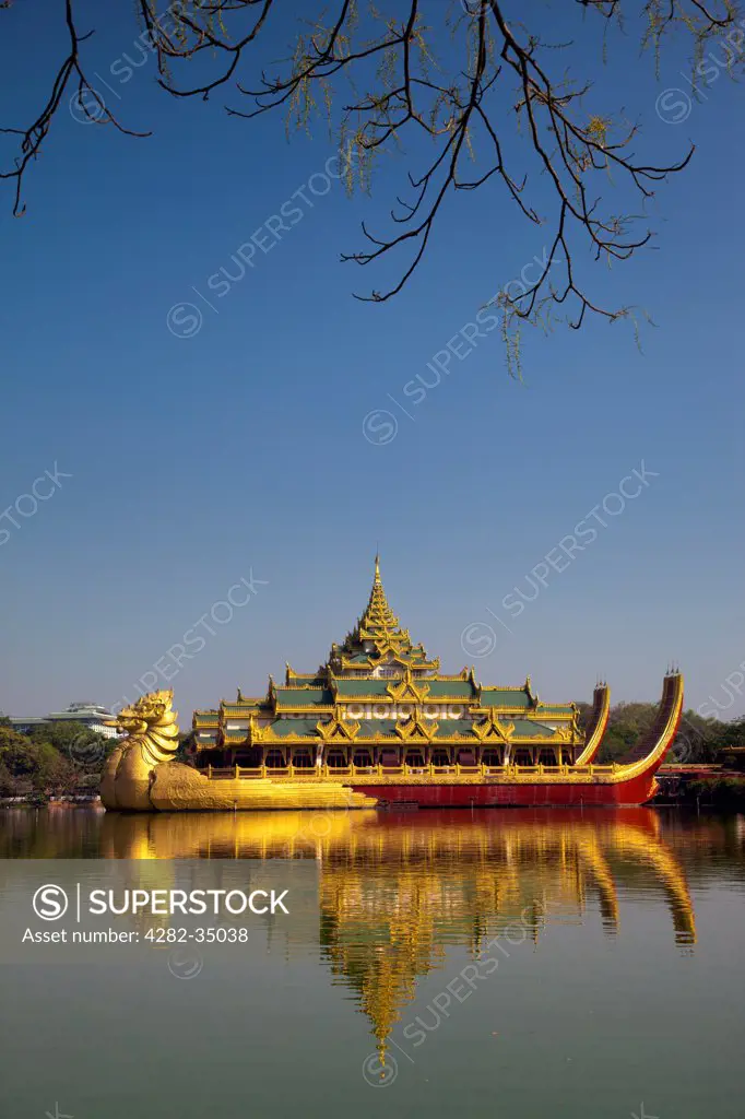 Myanmar, Yangon, Yangon. The Karaweik Royal Barge on the eastern shore of Kandawgyi Lake in Yangon in Myanmar.
