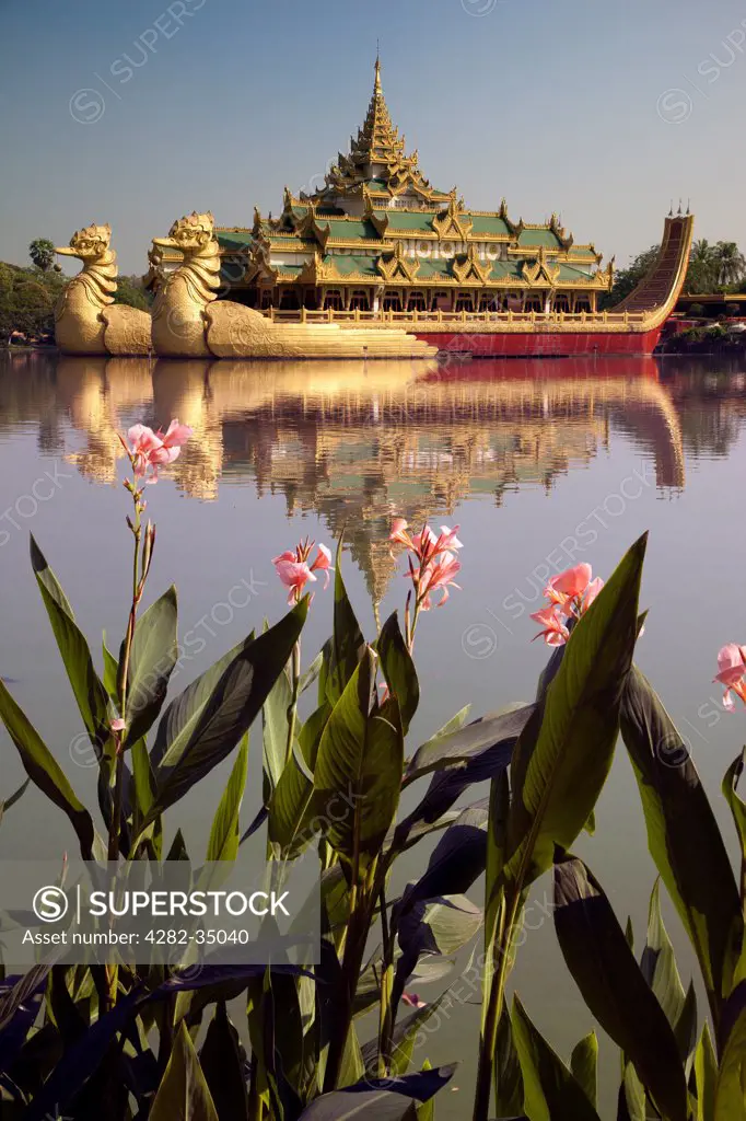 Myanmar, Yangon, Yangon. The Karaweik Royal Barge on the eastern shore of Kandawgyi Lake in Yangon in Myanmar.