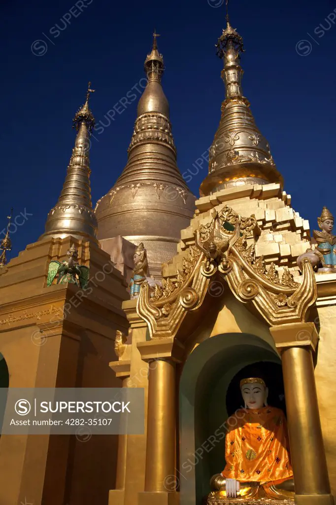 Myanmar, Yangon, Yangon. The spires and stupas and pagodas of the Shwedagon Temple Complex in Yangon in Myanmar.