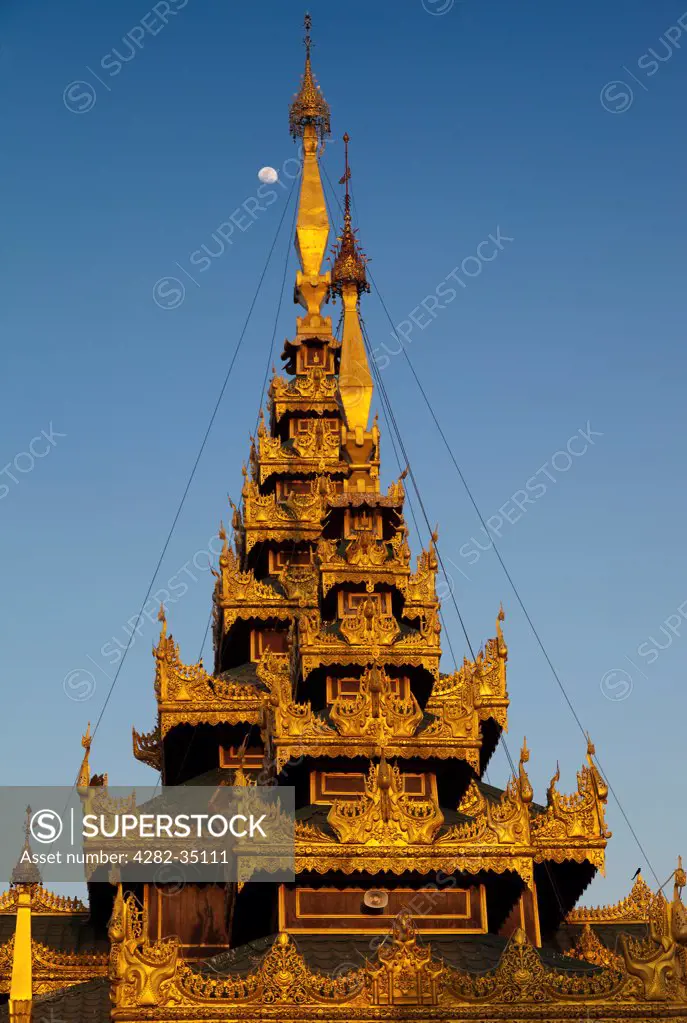 Myanmar, Yangon, Yangon. The spires and stupas and pagodas of the Shwedagon Temple Complex in Yangon in Myanmar.