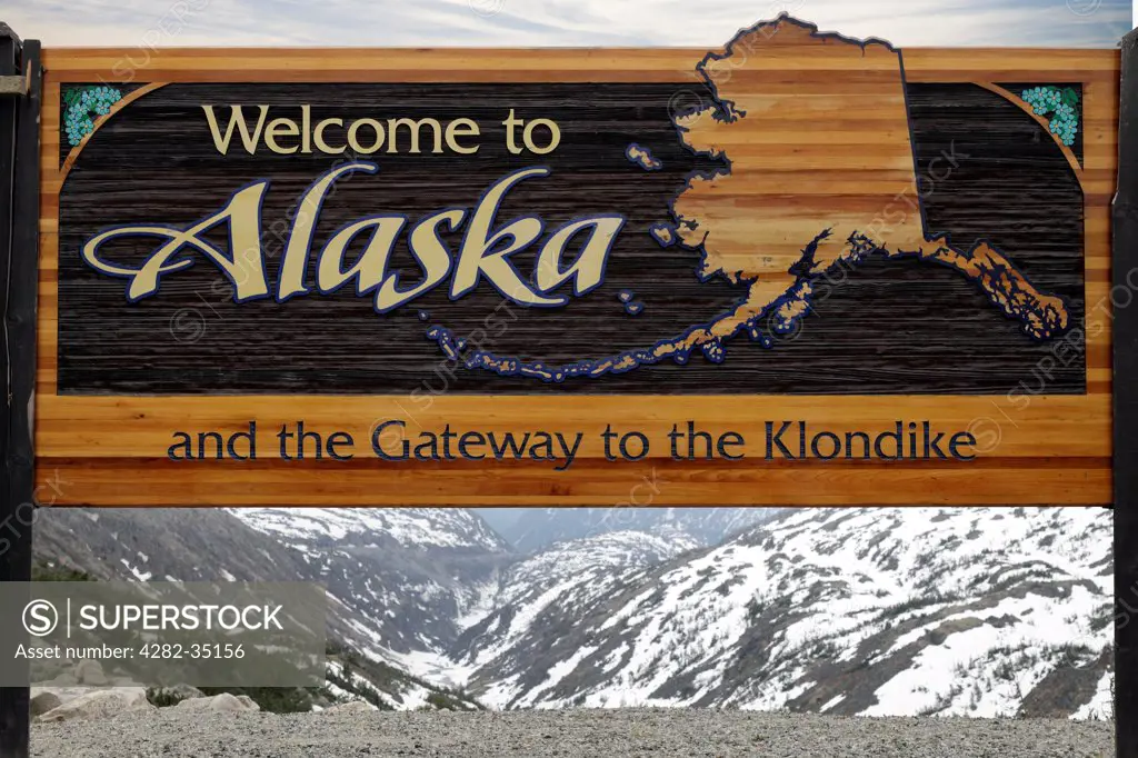 USA, Alaska, Alaska Way. Welcome to Alaska sign when entering from Canada.