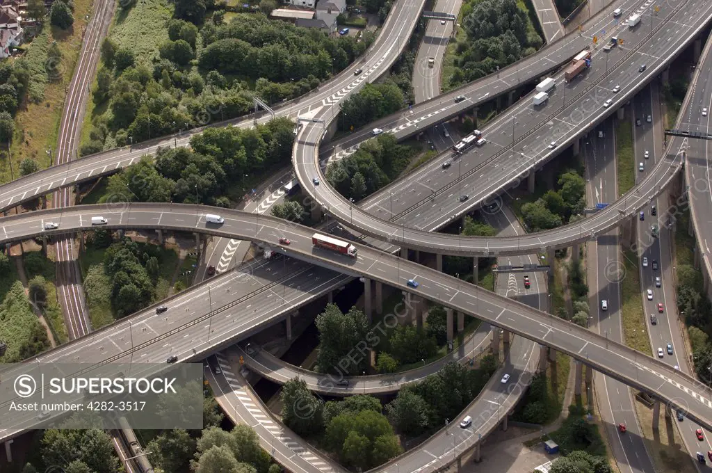 England, West Midlands, Birmingham. Spaghetti Junction on the M6 at Birmingham.  Officially called the Gravelly Hill Interchange, this infamous road network was completed in 1972.