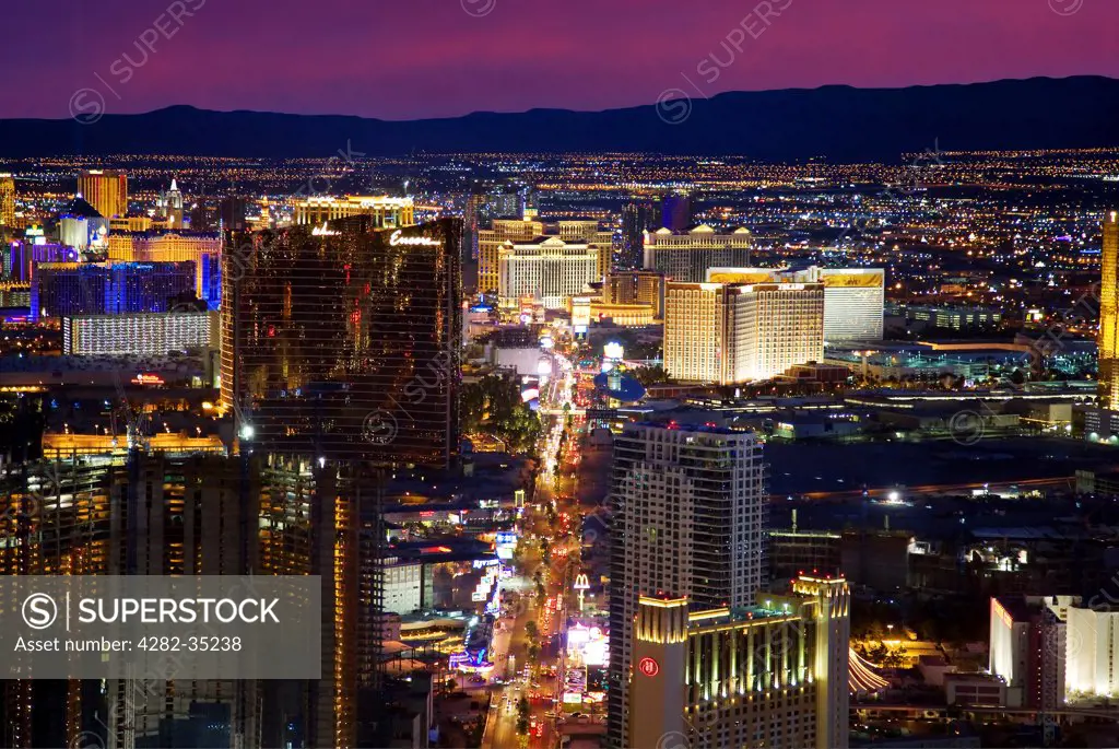 USA, Nevada, Las Vegas. A view down the Las Vegas Strip at night.
