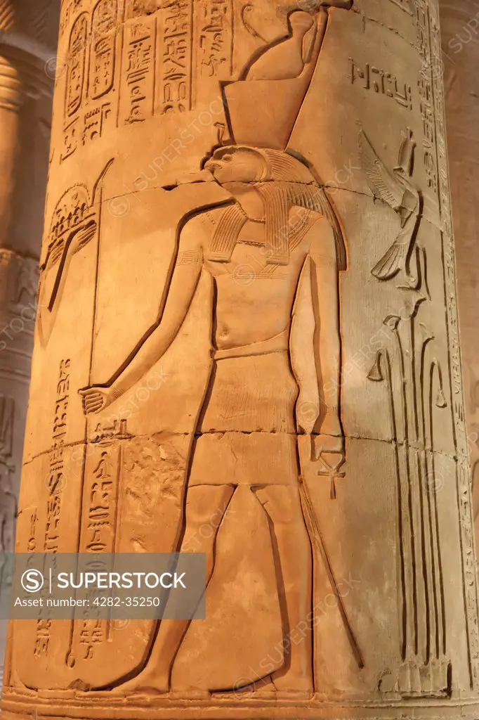 Egypt, Aswan, Kom Ombo Temple. A carving of the god Horus in the Kom Ombo Temple.