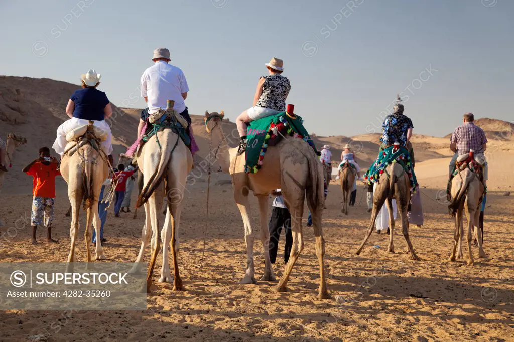 Egypt, Aswan, Nubian Desert. A tourist camel safari near Aswan.