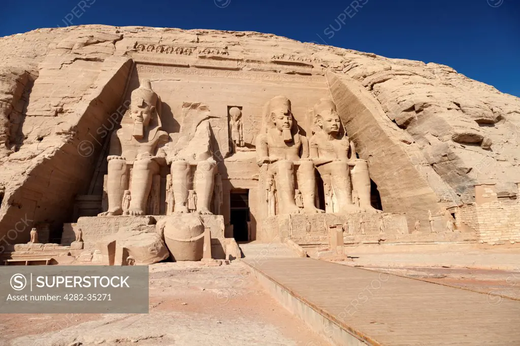Egypt, Aswan, Abu Simbel Temples. A view of the Great Temple at Abu Simbel.