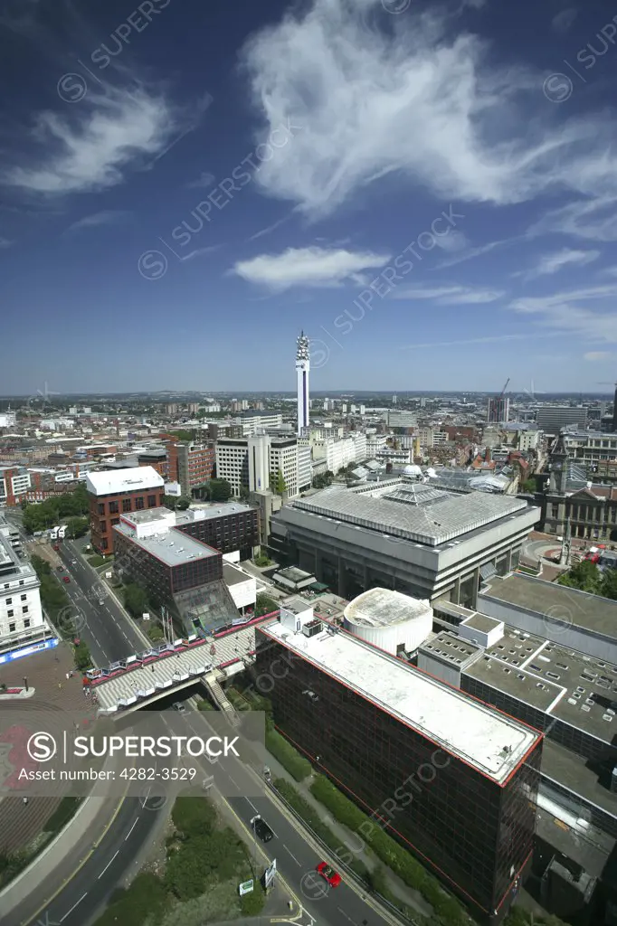 England, West Midlands, Birmingham. Cityscape of Birmingham City Centre, showing Paradise Circus, and BT Tower. Birmingham has recorded history going back 1,000 years.