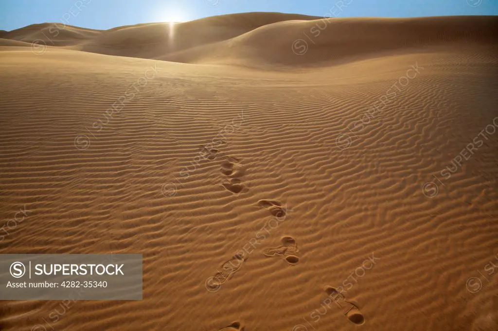 United Arab Emirates, Dubai, Dubai Desert. Footsteps in the sand of the Dubai desert.