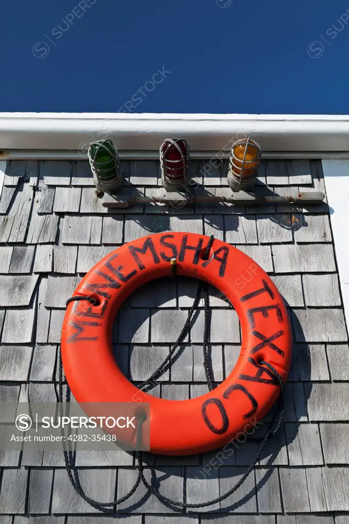 USA, Massachusetts, Martha's Vineyard. Detail of life buoy at Menemsha Harbour.