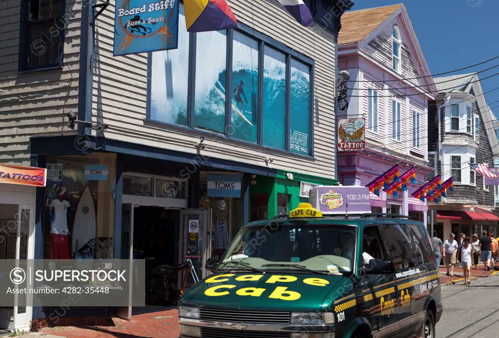 USA, Massachusetts, Provincetown. A taxi cab in Commercial Street in Provincetown on Cape Cod.