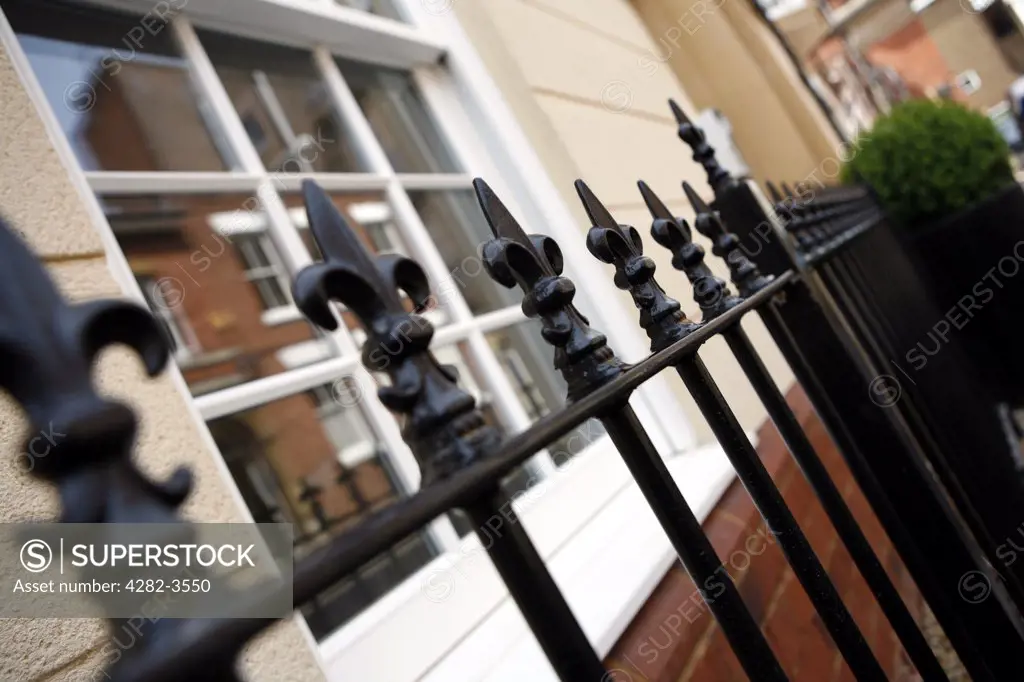 England, Worcestershire, Worcester. Black wrought iron railings outside of a town house in Worcester, UK. Worcester is a city and county town of Worcestershire.