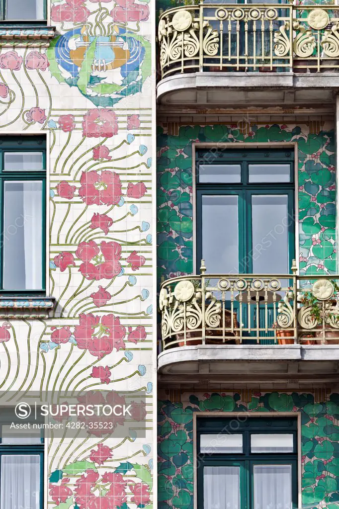 Austria, Lower Austria and Burgenland, Vienna. Jugendstil facade of Otto Wagner's Majolikahaus  House at No. 40 Linke Wienzeile in Vienna.