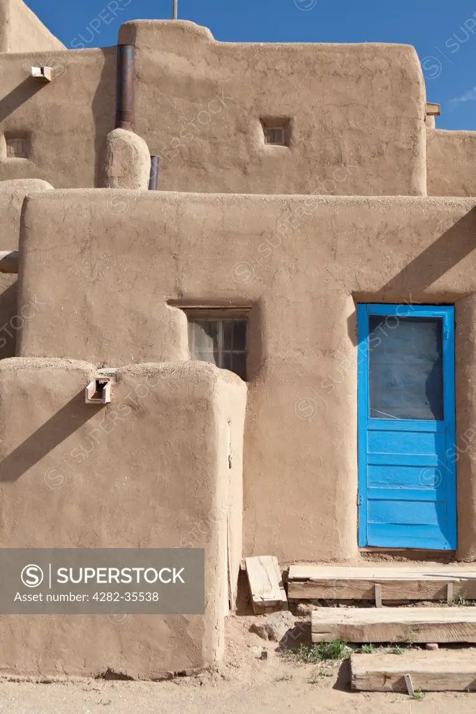 USA, New Mexico, Taos Pueblo. A traditional adobe house in Taos Pueblo in New Mexico.
