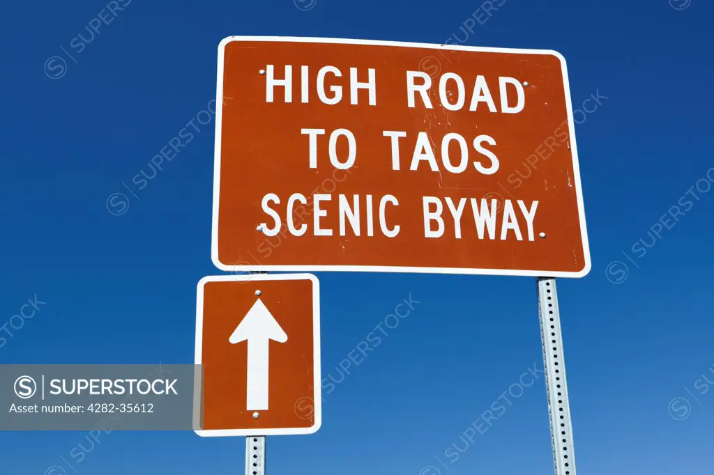 USA, New Mexico, Taos. High Road to Taos sign.