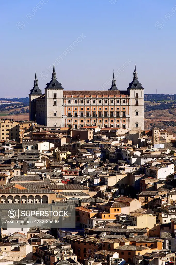 Spain, Toledo, Toledo. A view across the cityscape towards the Alcazar of Toledo.