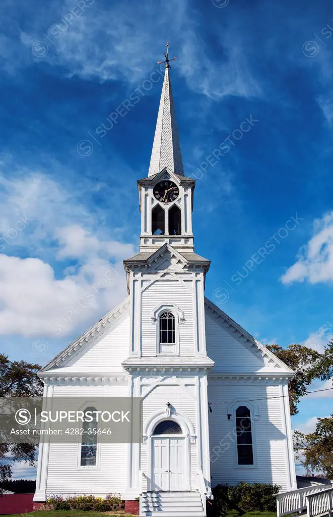 USA, Maine, Jonesport. A quaint New England church in Jonesport.