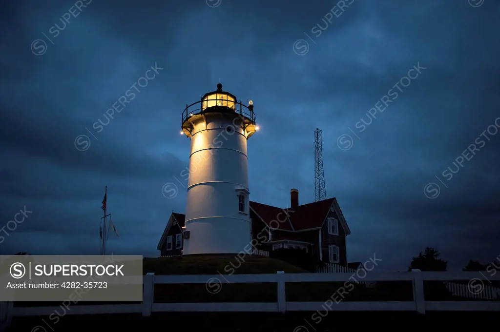 USA, Massachusetts, Cape Cod. Nobska Lighthouse in Cape Cod at night.