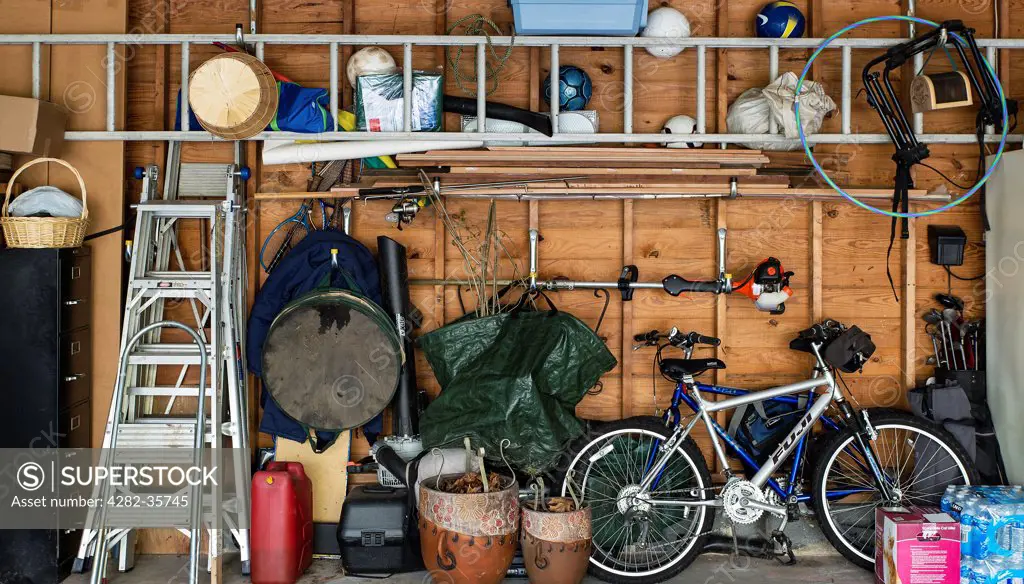 USA, New Jersey, Moorestown. The cluttered interior of a garage.