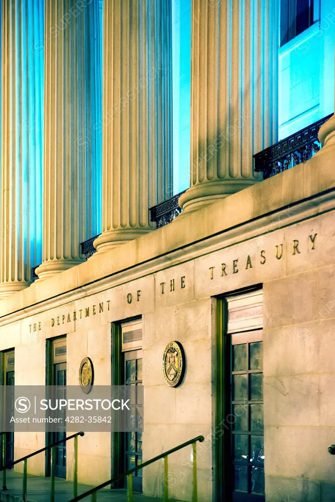 USA, District of Columbia, Washington DC. The northern entrance of the US Treasury building in Washington DC.