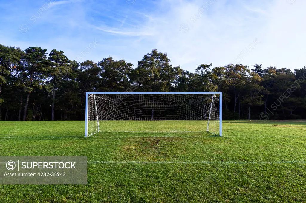 USA, Massachusetts, Cape Cod. The goal and net on a football pitch.