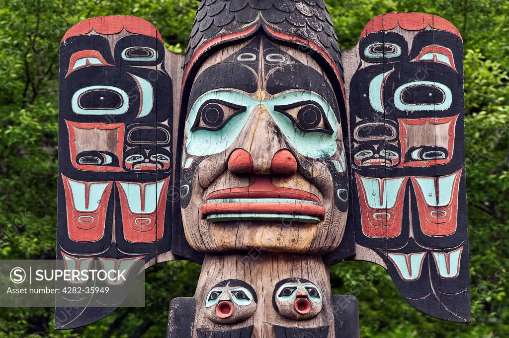 USA, Alaska, Ketchikan. Detail of the Chief Johnson totem pole in Ketchikan.